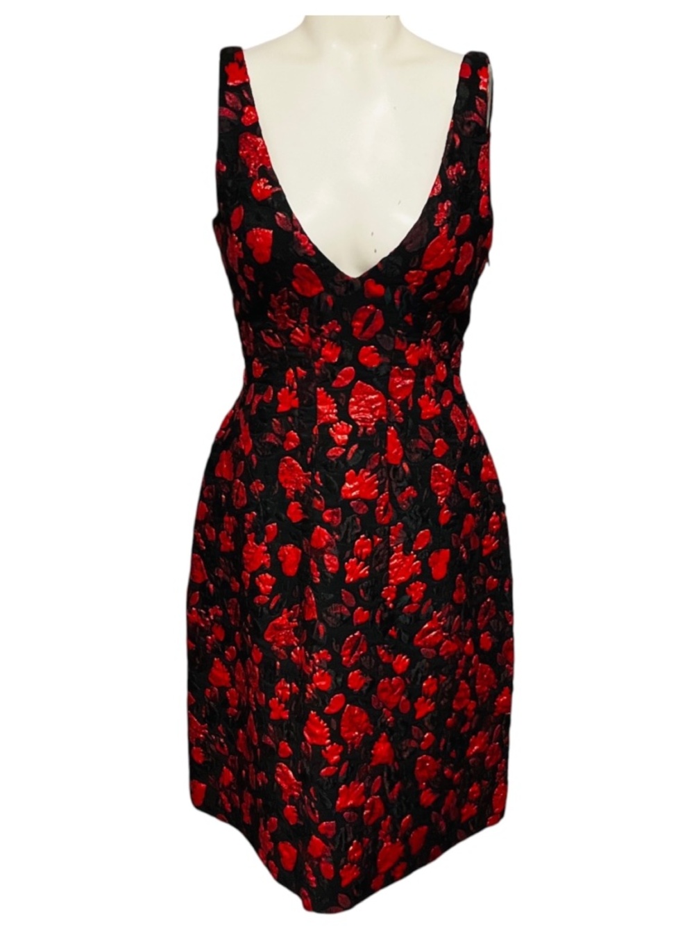 THAKOON BLACK / RED SLEEVELESS V-NECK JACQUARD COCKTAIL DRESS